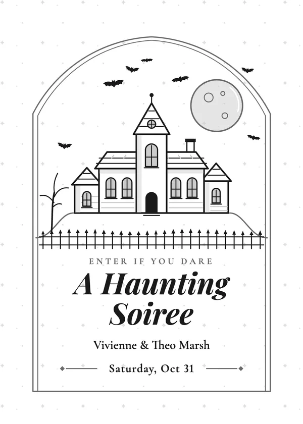 Haunted Mansion Halloween invitation in black and white