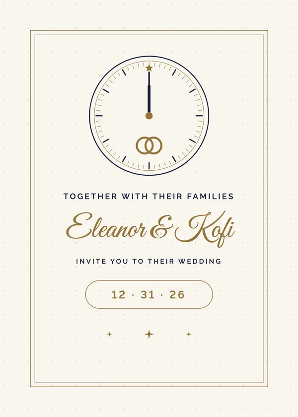 Gilded Clock — New Year's Eve Wedding New Year's invitation