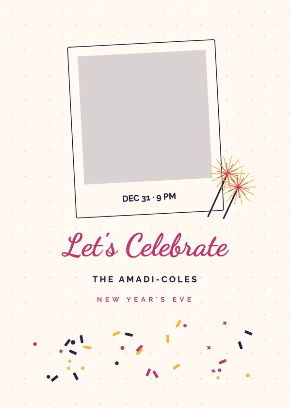Sparkler Snapshot — Confetti & Fireworks New Year's invitation with a photo window