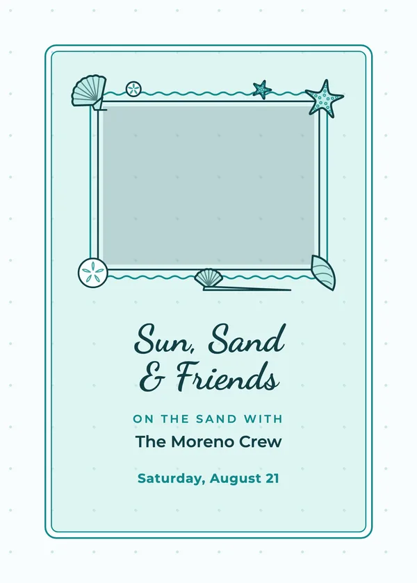 Sun, Sand & Friends — Beach Party party invitation with a photo window