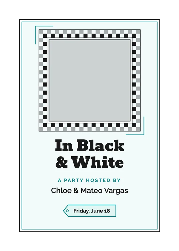 Checkerboard Photo — Black & White Party party invitation with a photo window