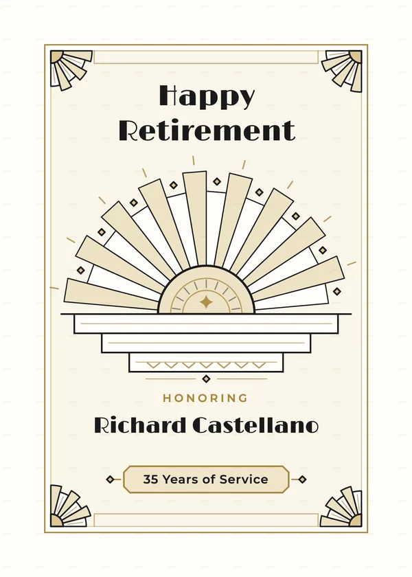 Deco Sunburst — Black & Gold retirement invitation