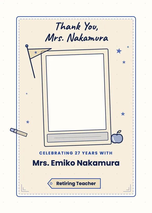 Thank You, Mrs. Nakamura — Teacher retirement invitation with a photo window