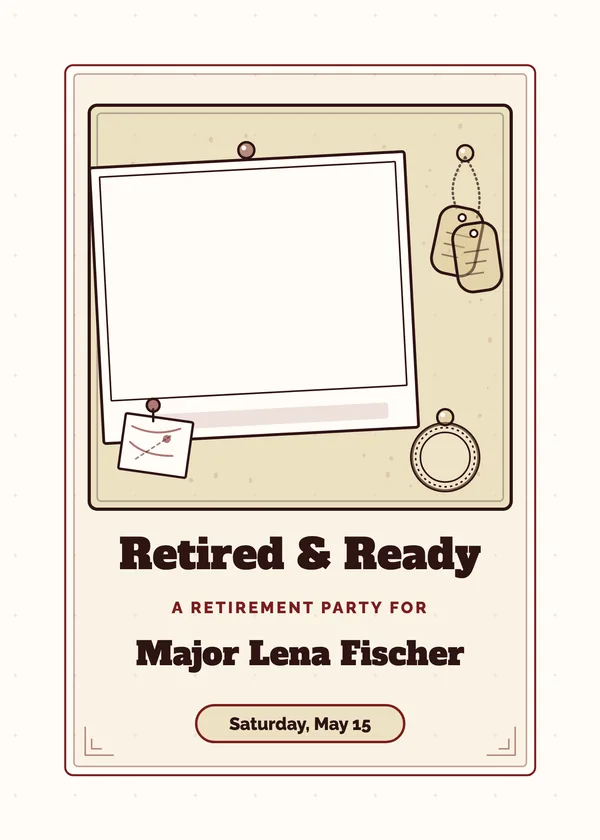 Retired & Ready — Military Retirement Party retirement invitation with a photo window