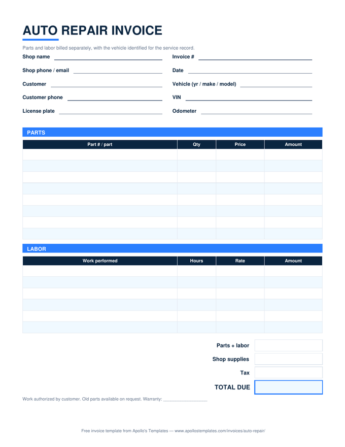 Auto repair invoice with a vehicle identification block and separate parts and labor tables