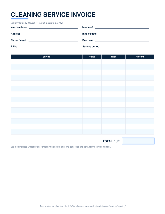 Cleaning service invoice with visits times rate rows and a total due box