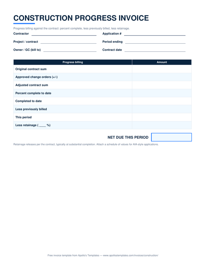 Construction progress invoice with contract sum, percent complete, previously billed, and retainage rows