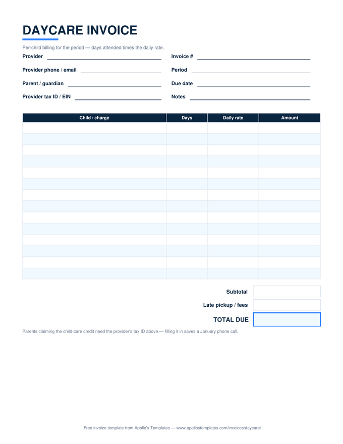 Daycare invoice with days-attended times daily-rate rows, a late pickup fee line, and a provider tax ID field