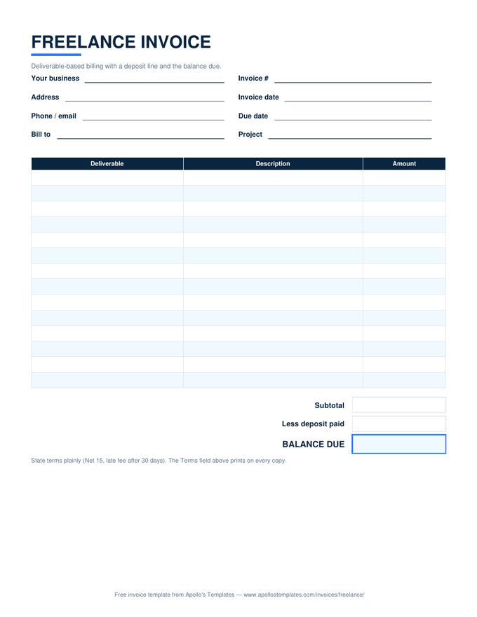 Freelance invoice with deliverable rows, a deposit line, and a balance due box