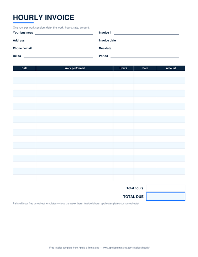 Hourly invoice with dated work-session rows, hours times rate per row, and total hours and total due