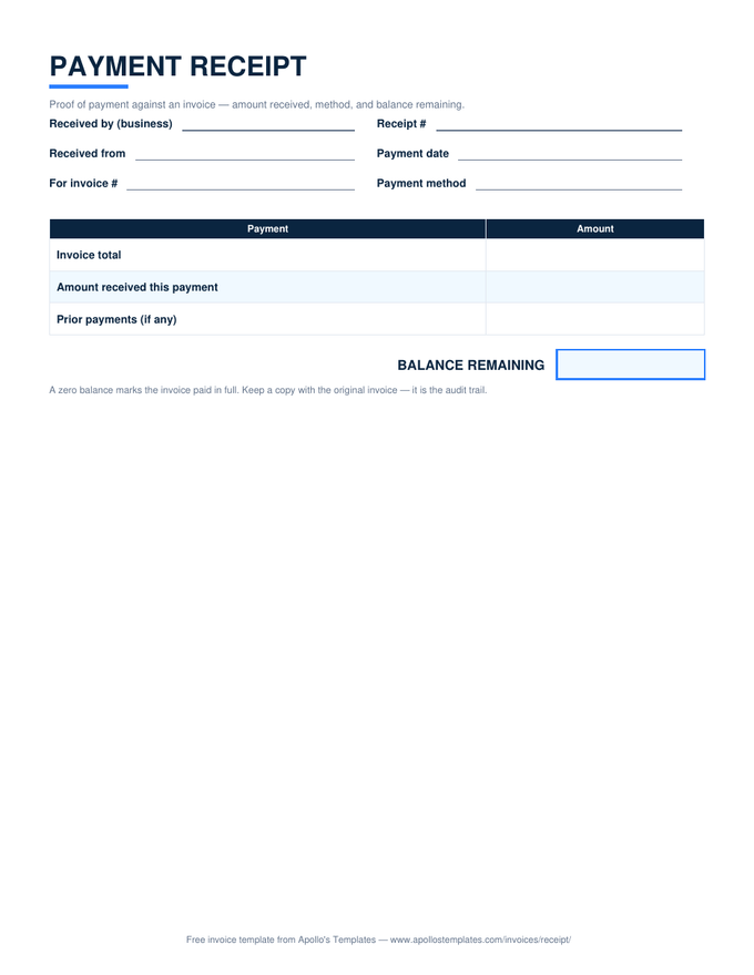 Payment receipt with invoice total, amount received, and a balance remaining box