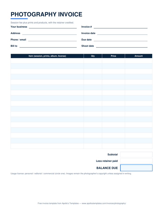 Photography invoice with session and print rows, a usage license note, and a retainer credit line