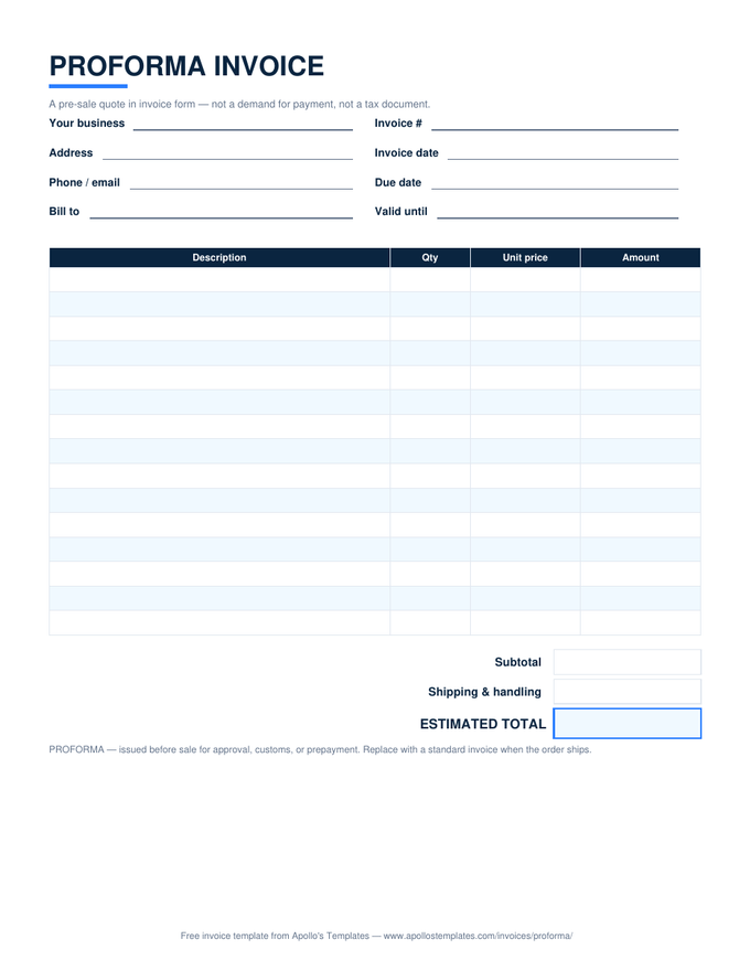 Proforma invoice with quote-style line items, a shipping line, and an estimated total box