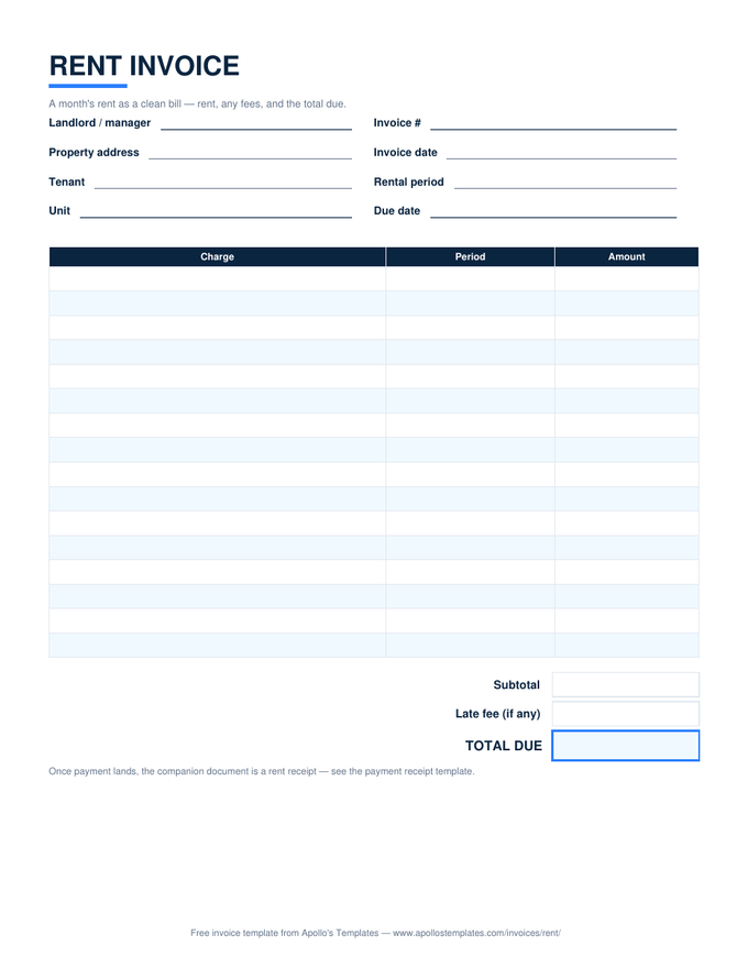 Rent invoice with charge rows for the rental period, a late fee line, and a total due box