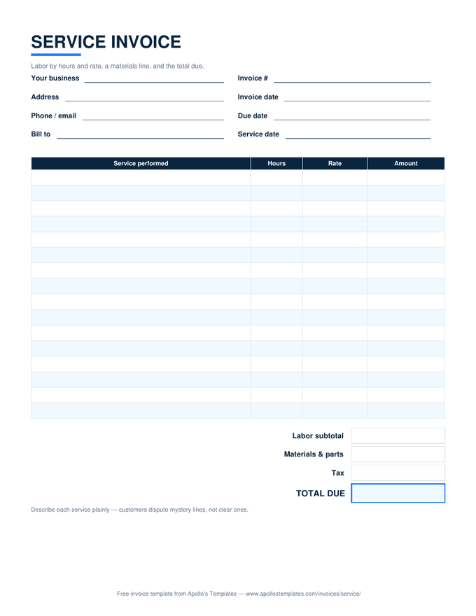 Service invoice with labor rows by hours and rate, a materials line, and a total due box