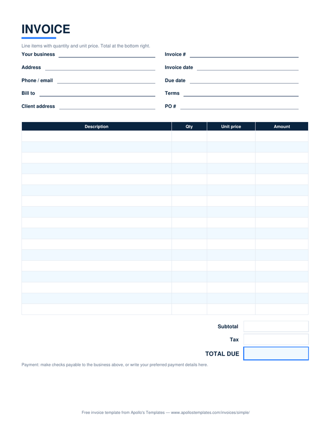 Simple invoice with description, quantity, unit price, and amount columns and subtotal, tax, and total boxes