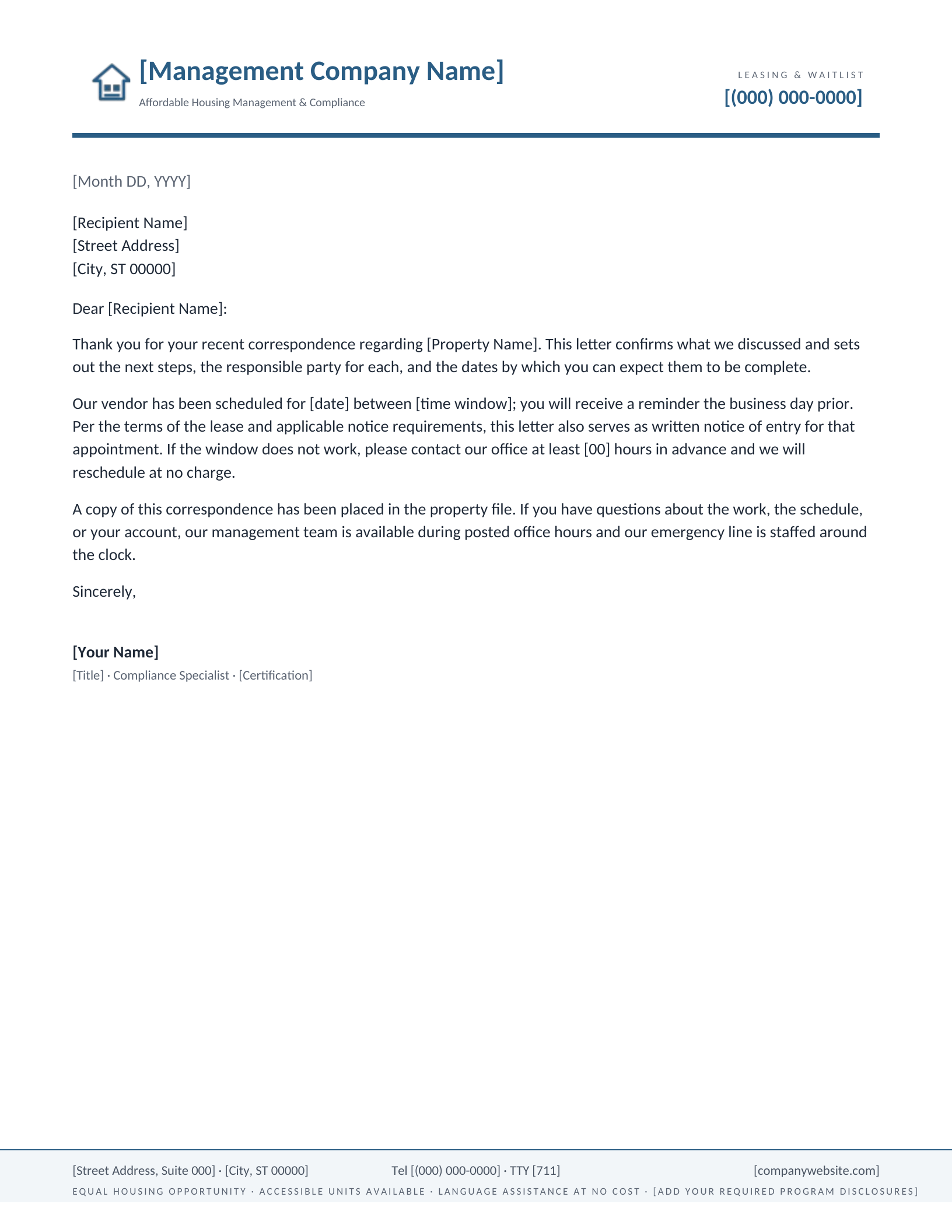 Affordable Housing & Compliance letterhead template preview