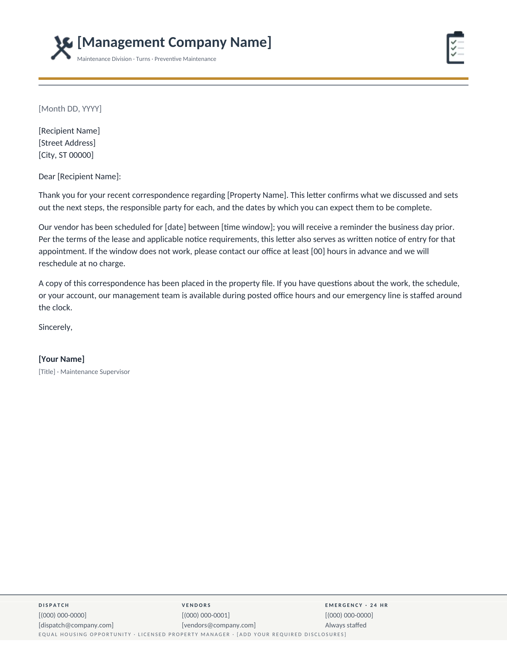 Maintenance & Work Orders letterhead template preview