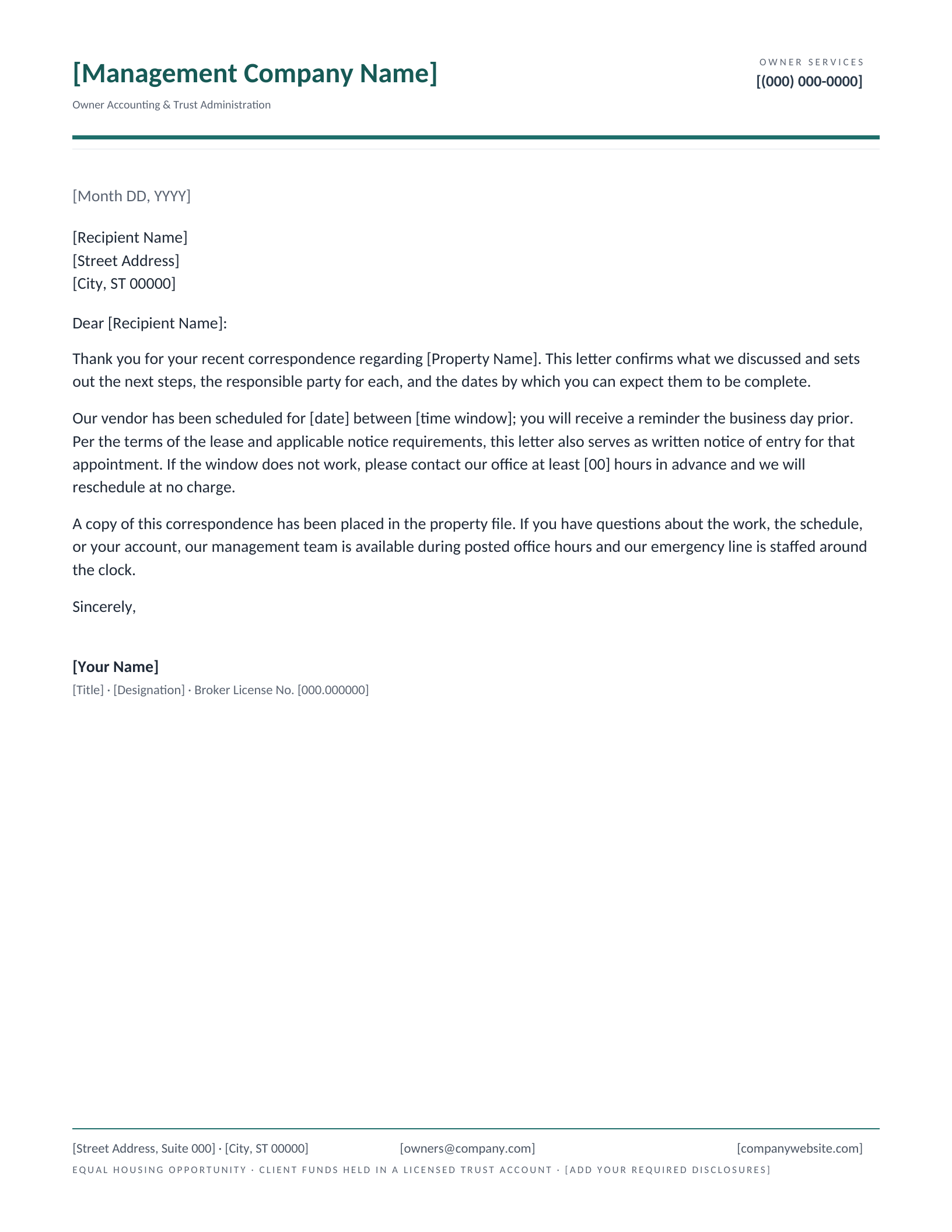 Owner Statement & Trust Accounting letterhead template preview
