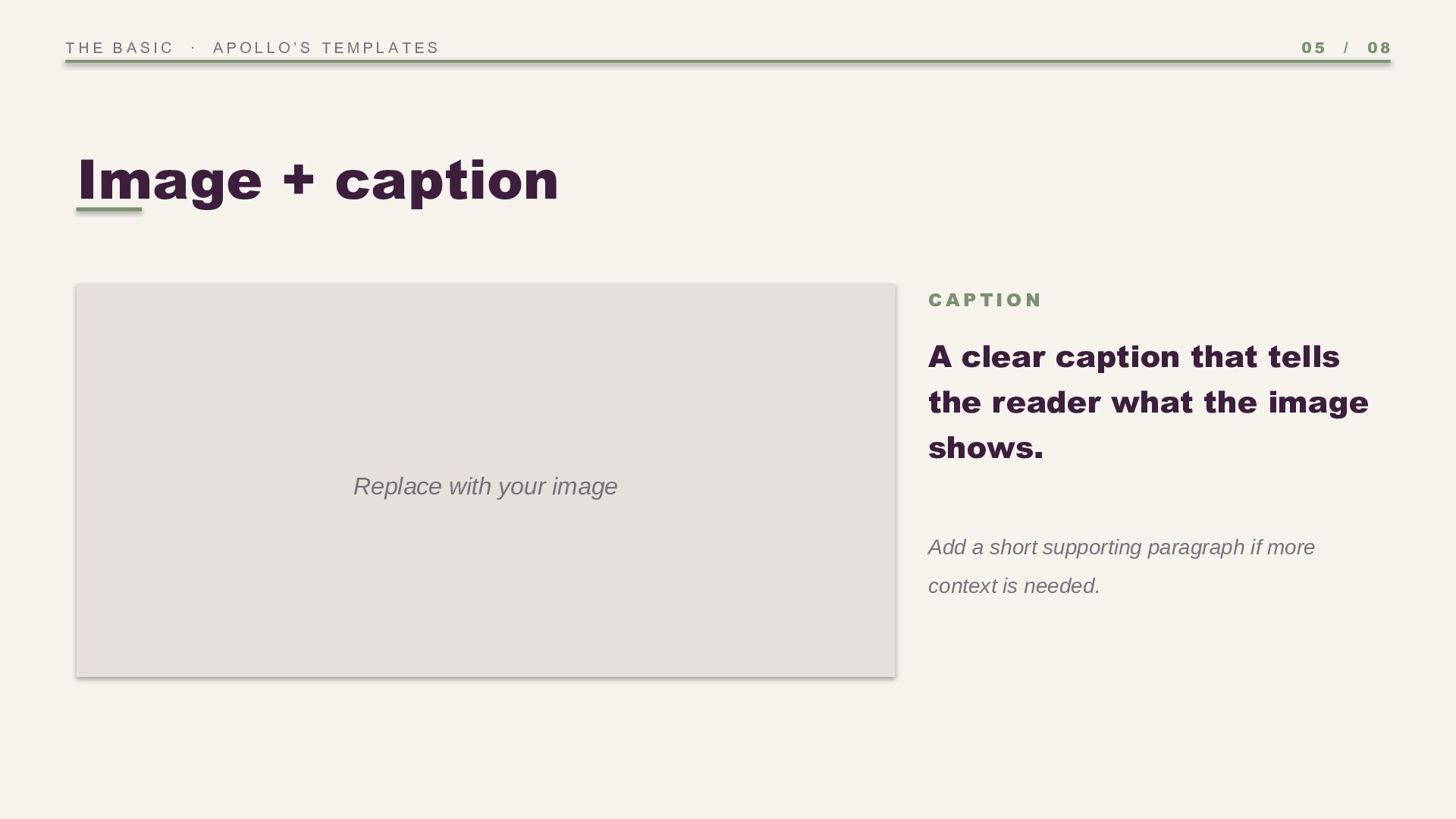 The Basic — Plum & Sage slide 5: Image + caption