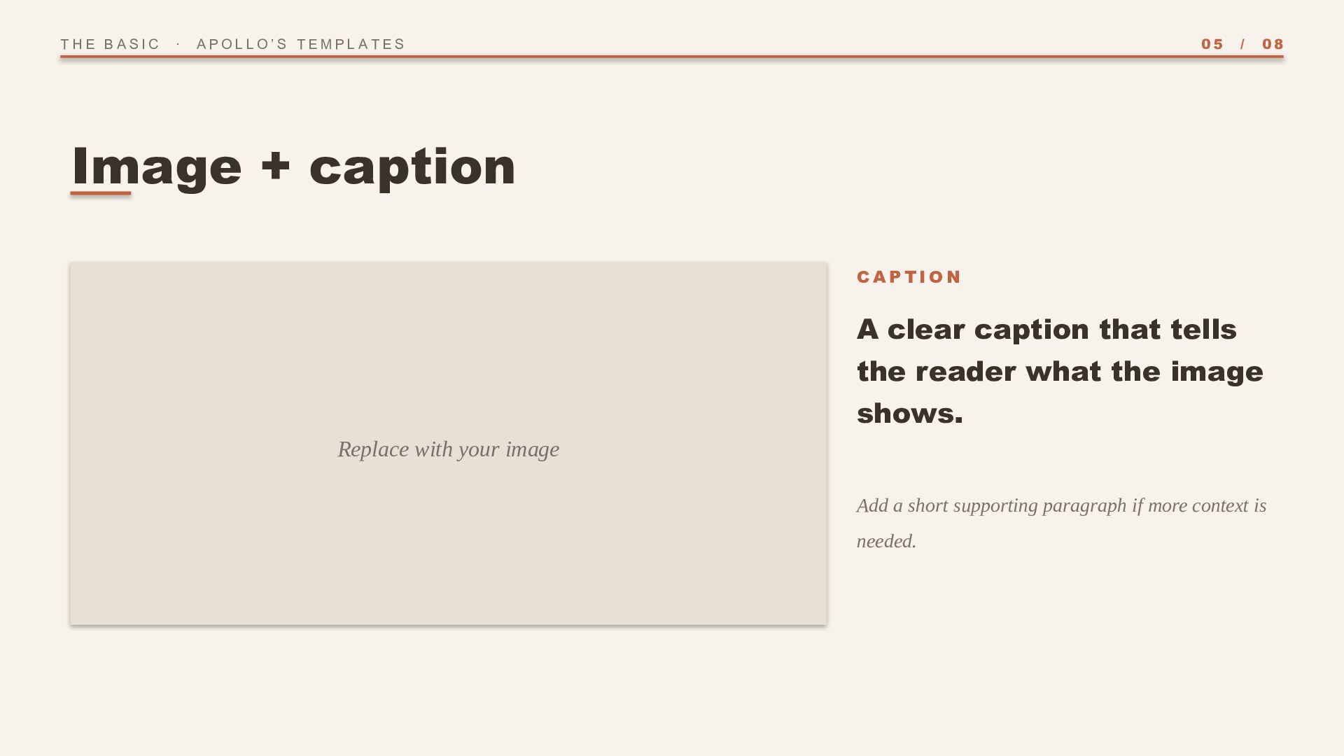 The Basic — Stone & Terracotta slide 5: Image + caption