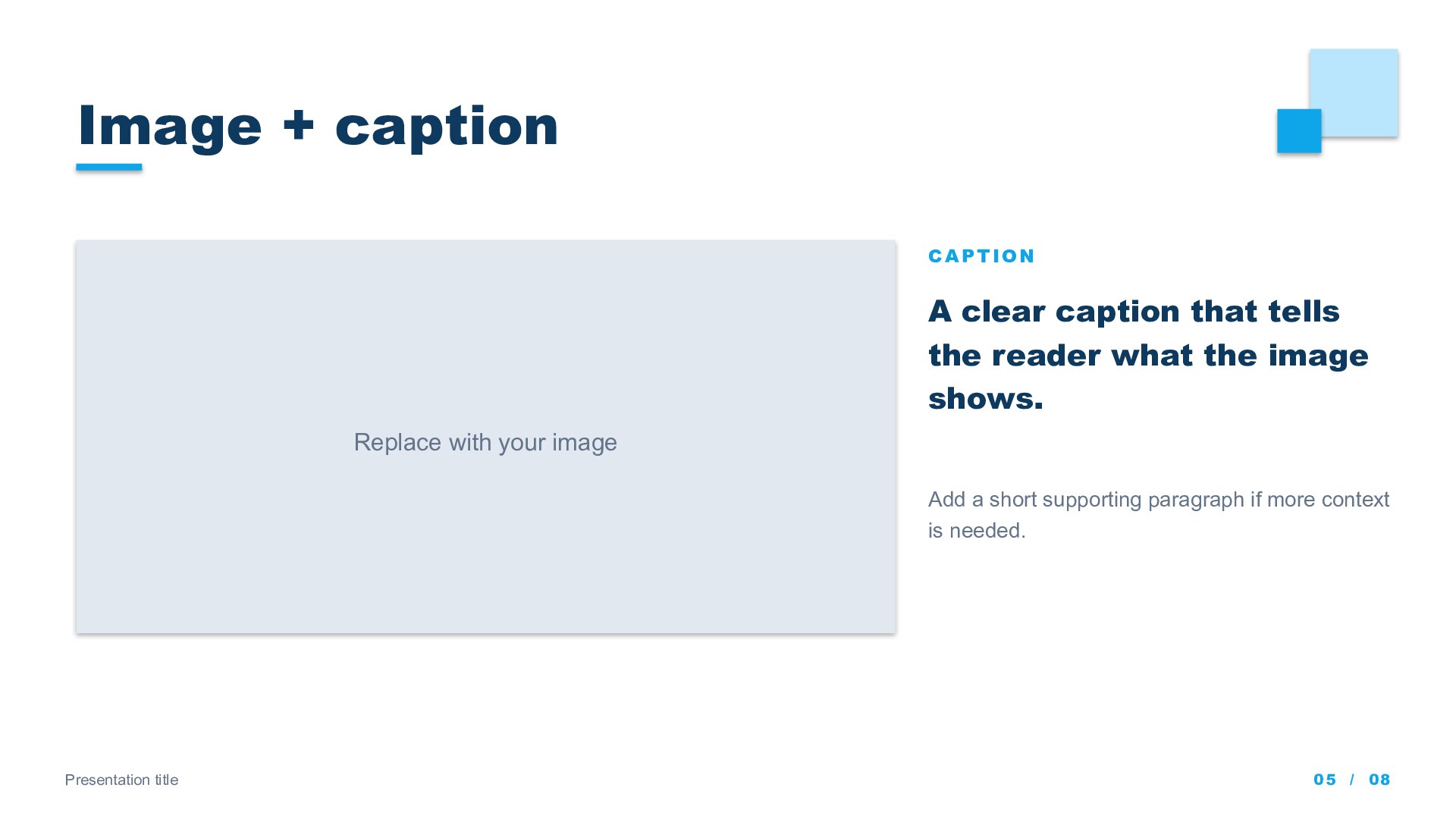Squares — Blue slide 5: Image + caption