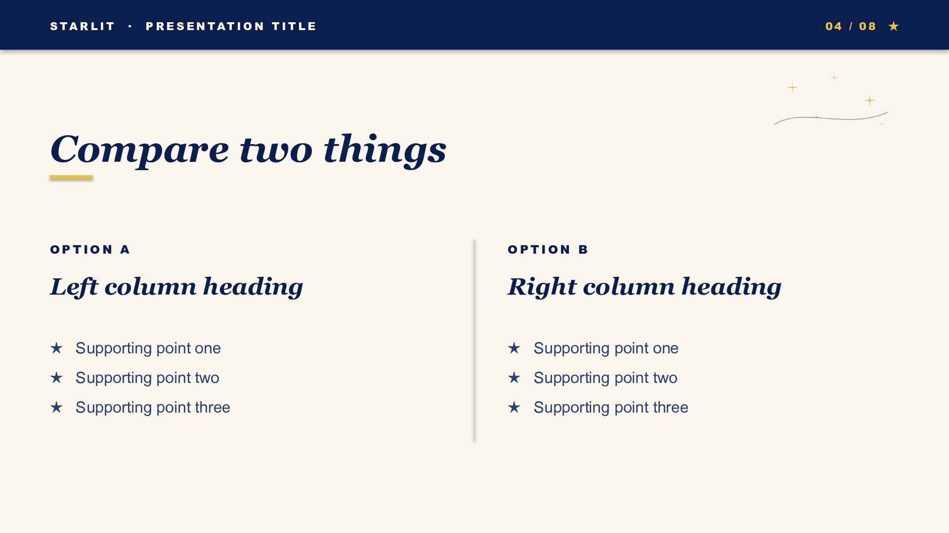 Starlit — Midnight slide 4: Two-column compare