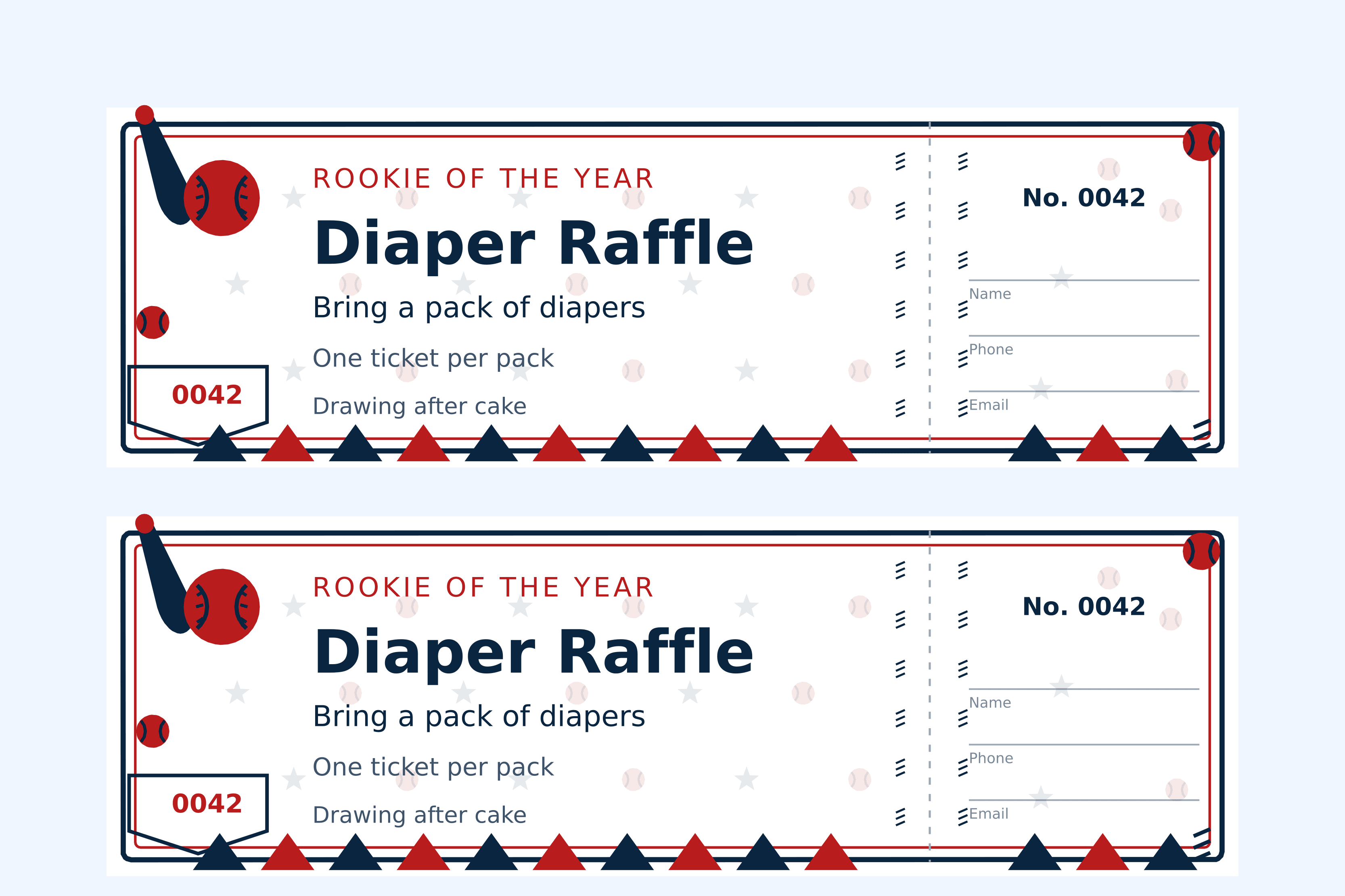 Two baseball diaper raffle tickets on a sheet, a bat and ball in the top corner with pennants along the bottom edge and stitch marks down the stub, numbered 0042 in red and navy