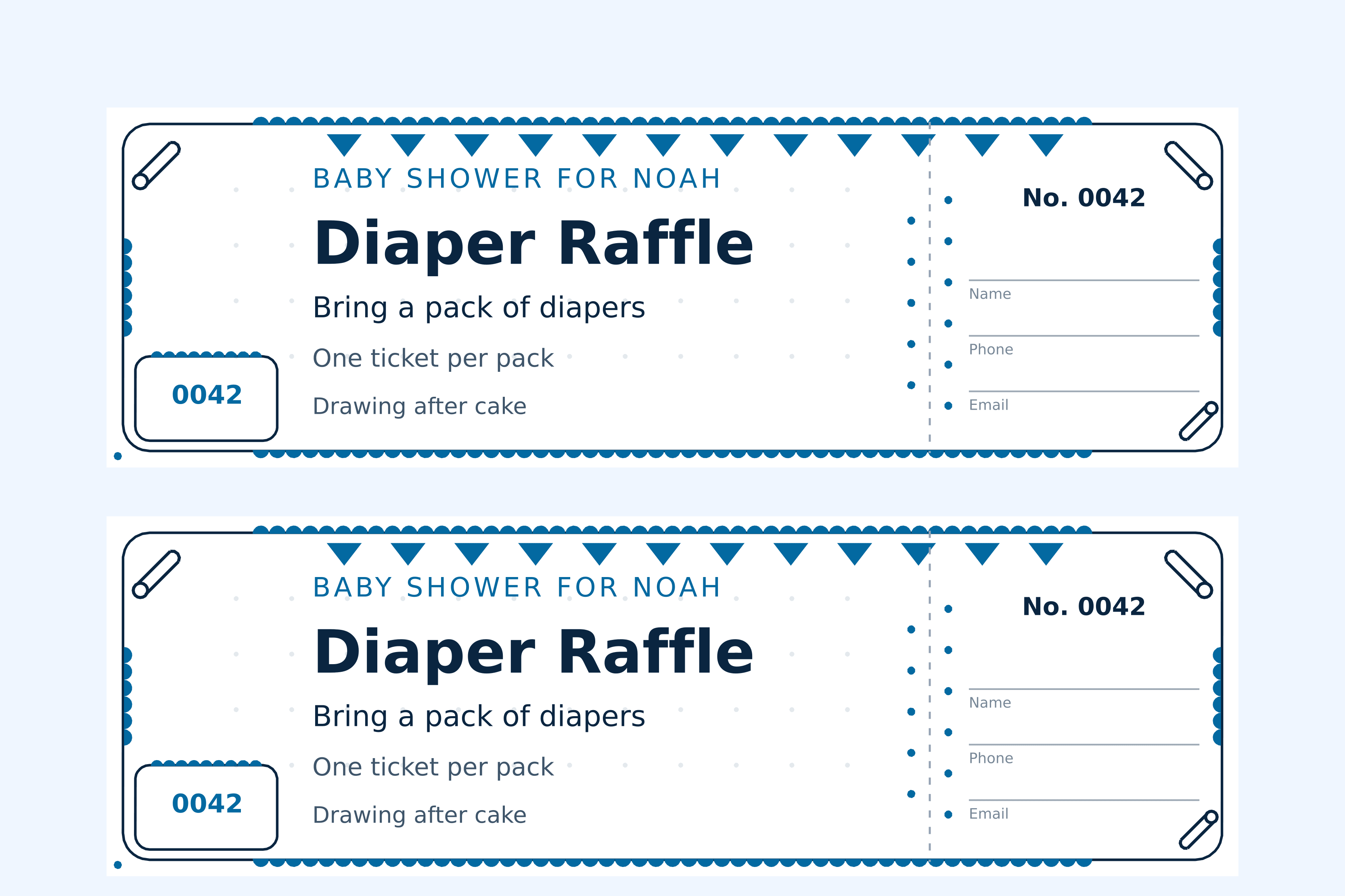Two boy baby shower diaper raffle tickets on a sheet, Baby style with blue bunting and safety-pin corners, numbered 0042 with a name line on the stub