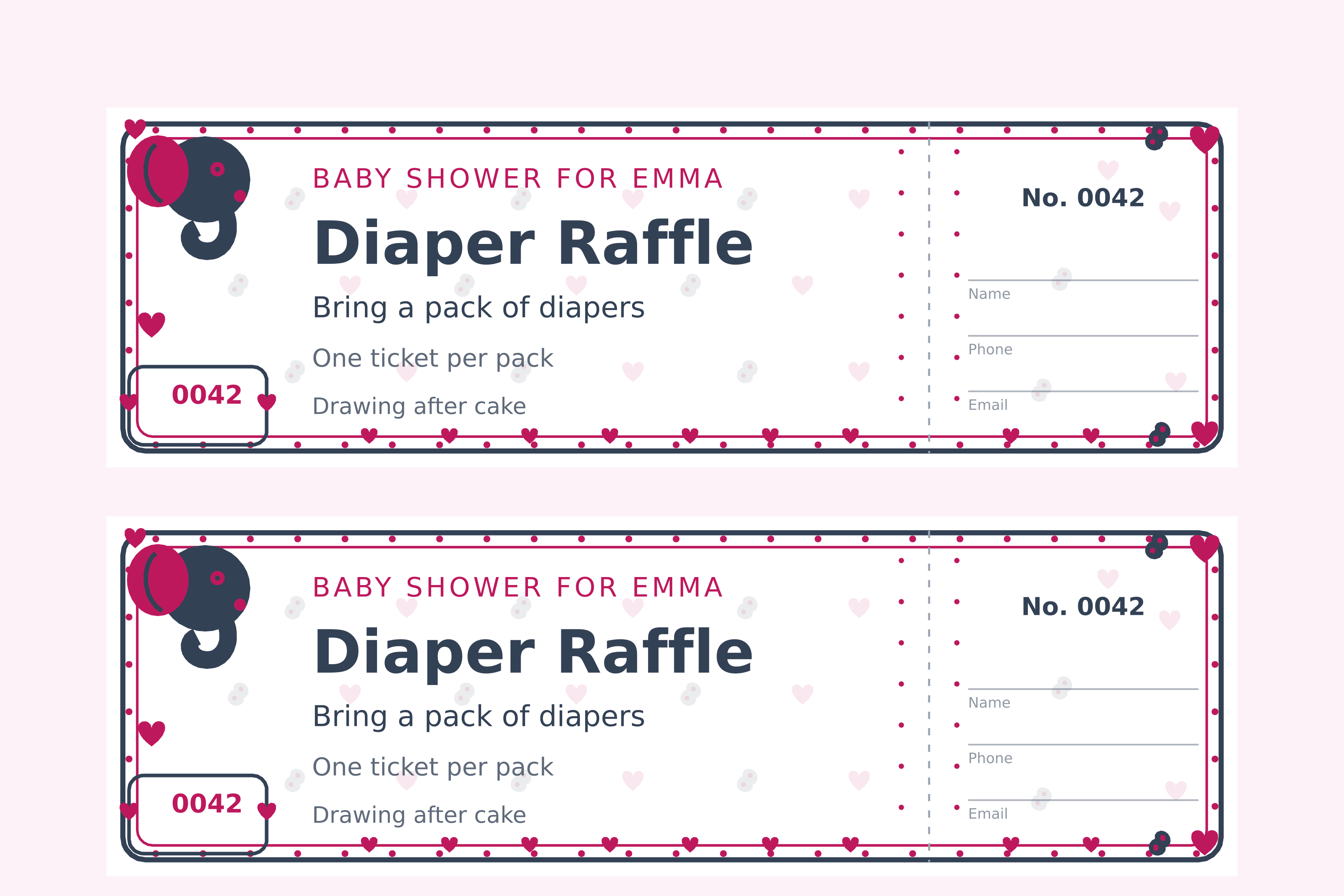 Two elephant diaper raffle tickets on a sheet, a baby elephant holding a balloon in the top corner inside a heart-dotted border, numbered 0042 with a name stub