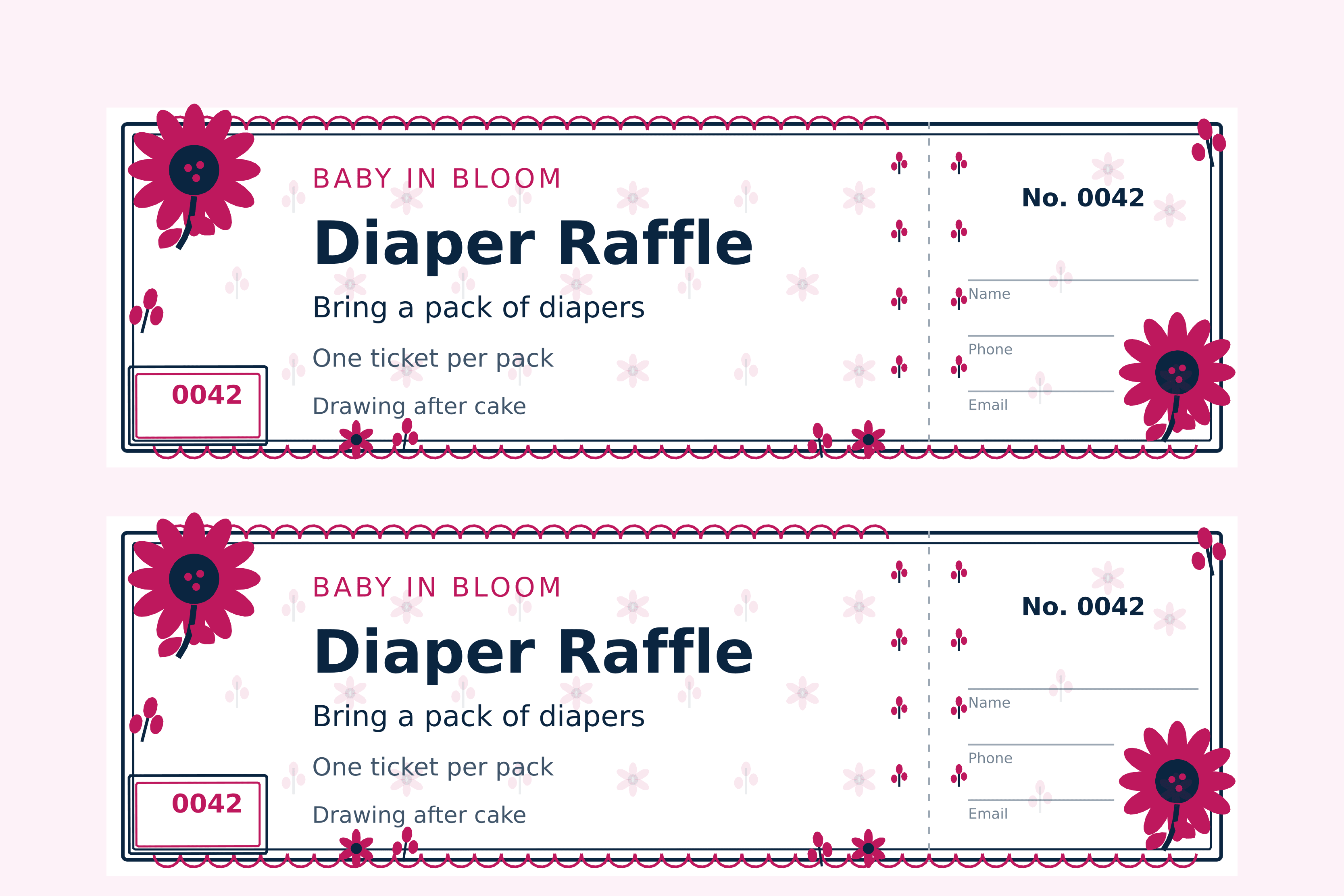 Two floral diaper raffle tickets on a sheet, sunflower sprays in opposite corners with a botanical border and scattered small blooms, numbered 0042