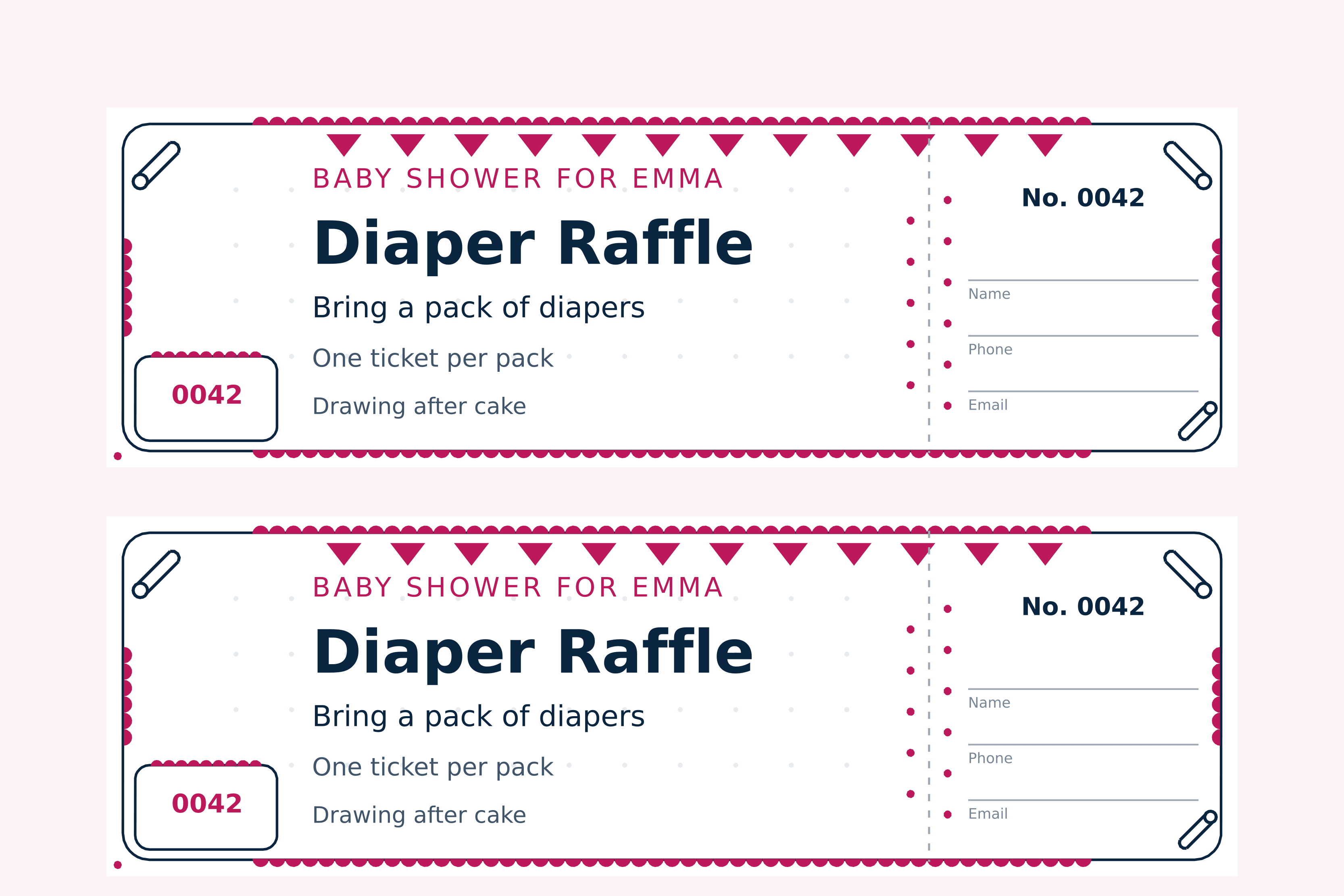 Two girl baby shower diaper raffle tickets on a sheet, scalloped Baby frame with pink safety-pin corners and bunting, numbered 0042 with a name stub