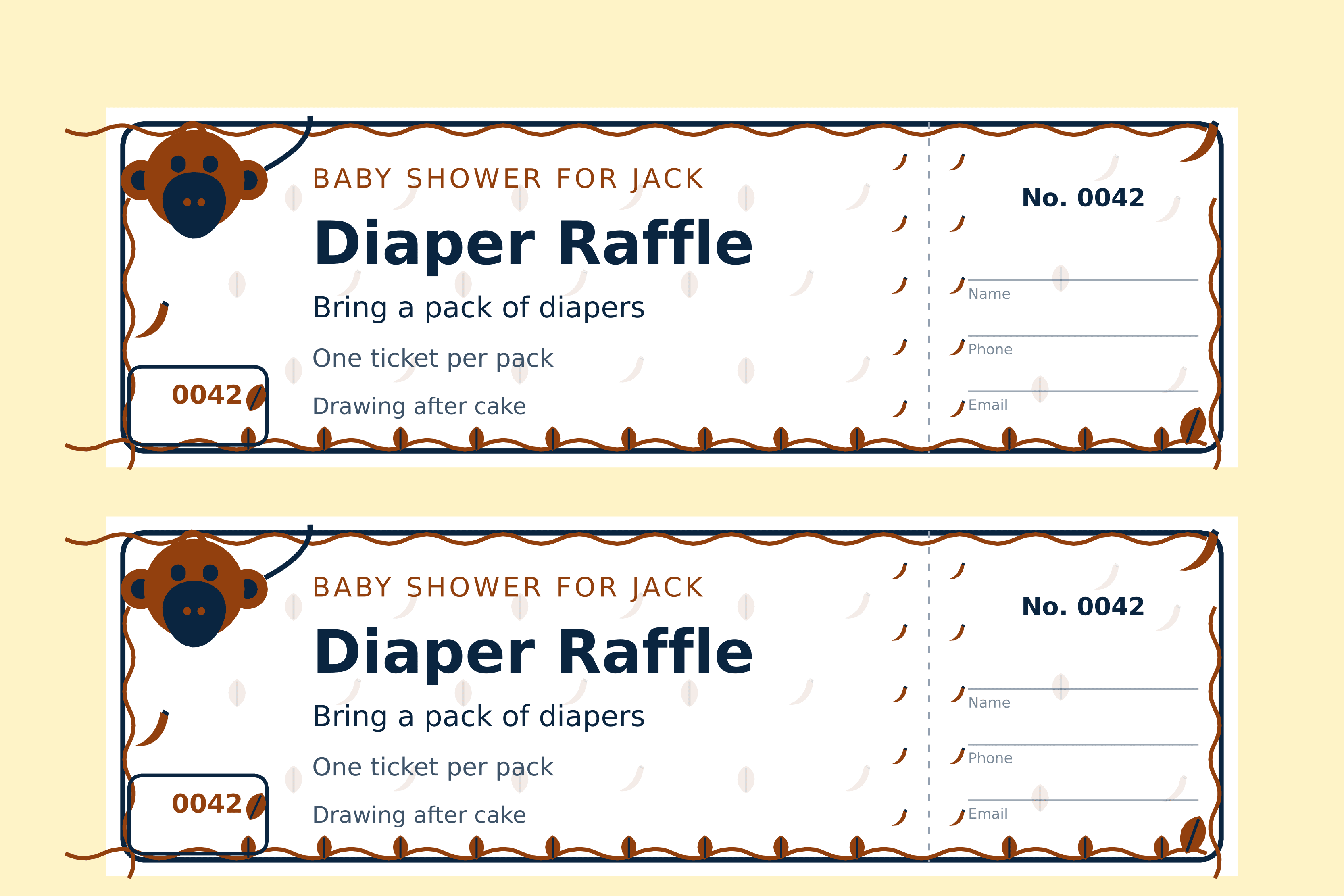 Two monkey diaper raffle tickets on a sheet, a monkey face hanging from the top corner inside a vine border with bananas and leaves, numbered 0042 in brown