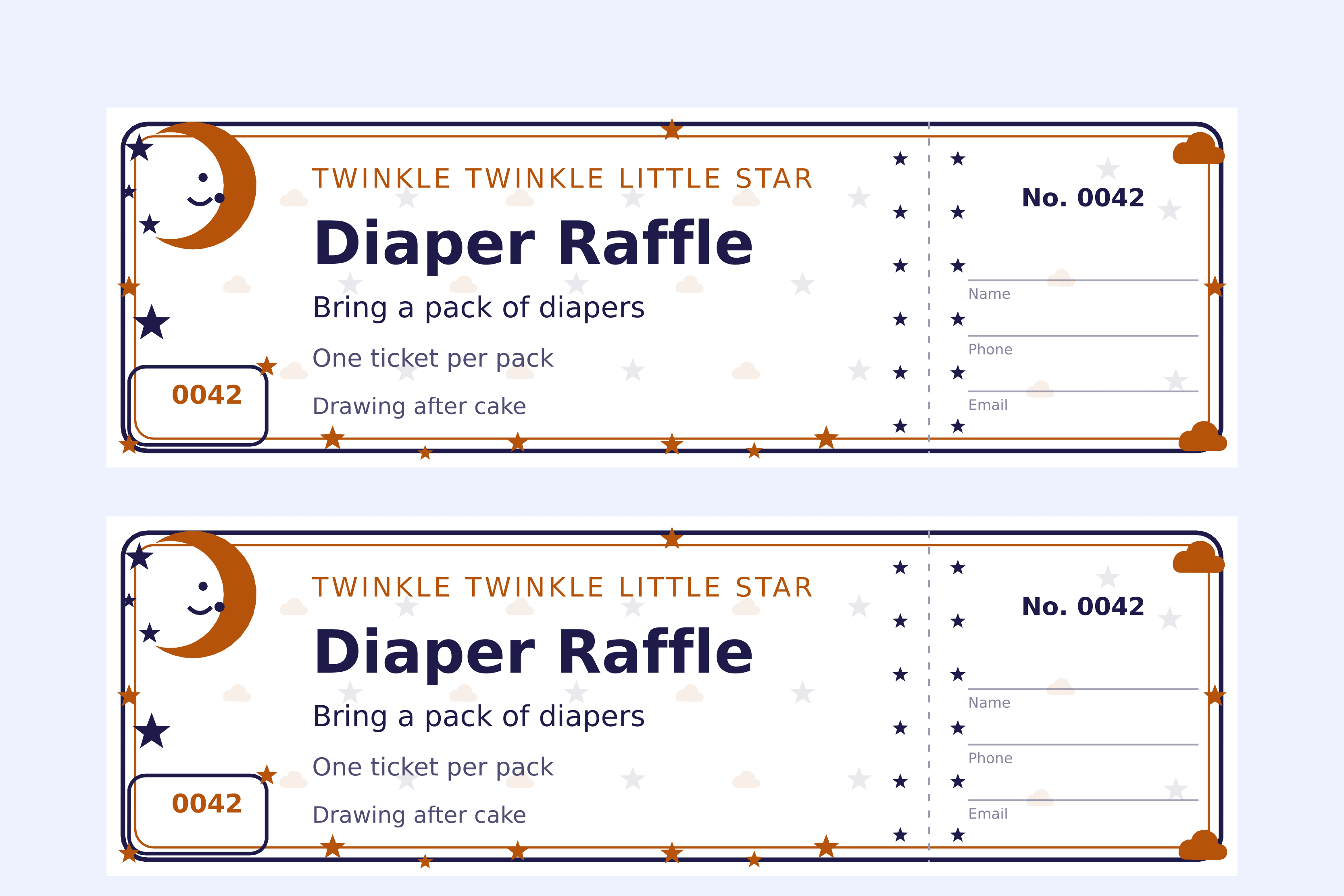 Two moon and stars diaper raffle tickets on a sheet, a sleeping crescent moon in the top corner with clouds on the stub and stars along the border, numbered 0042 in gold on indigo