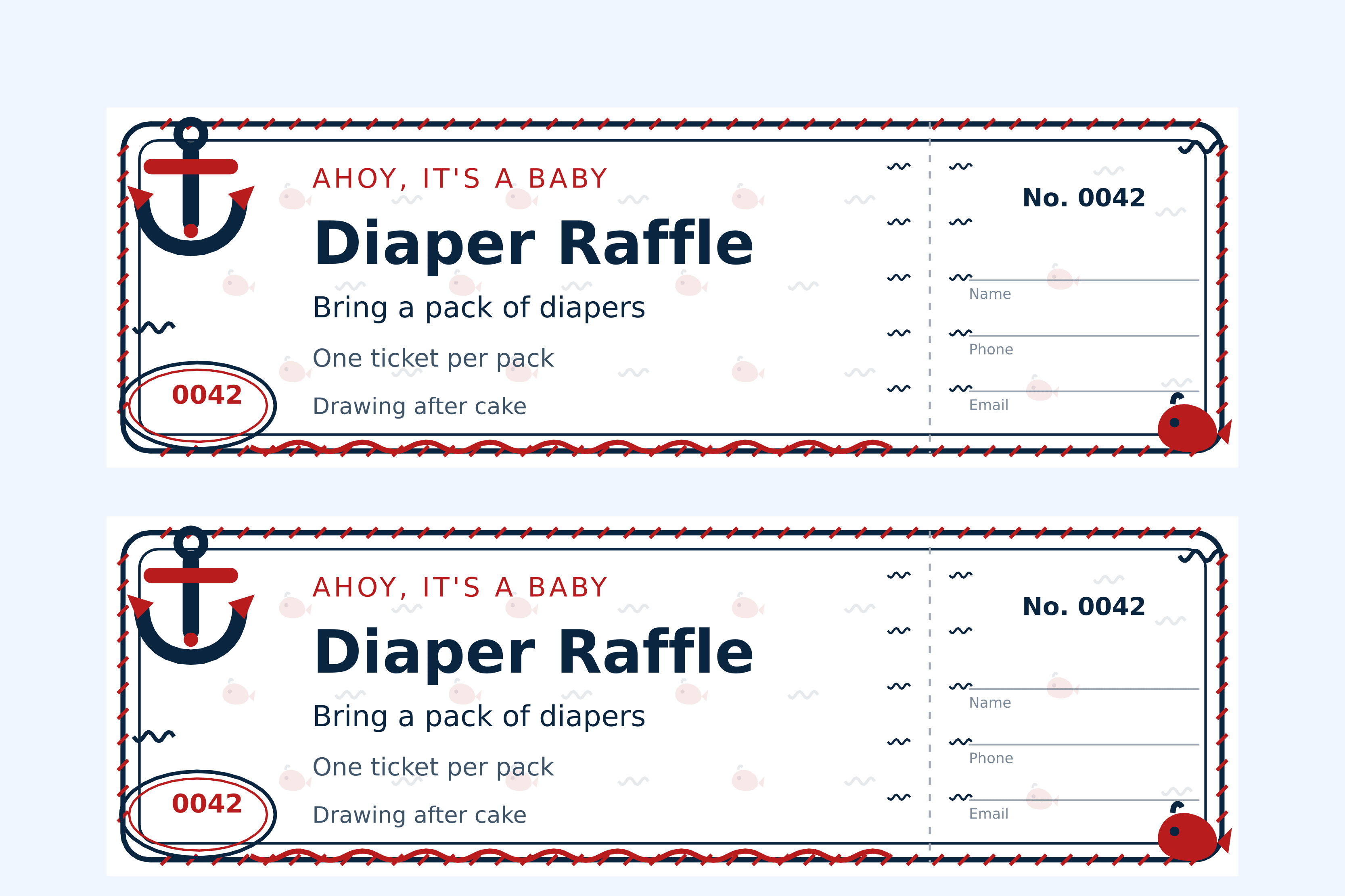 Two nautical diaper raffle tickets on a sheet, an anchor in the corner with a rope border, wave marks down the stub and a small whale at the foot, numbered 0042
