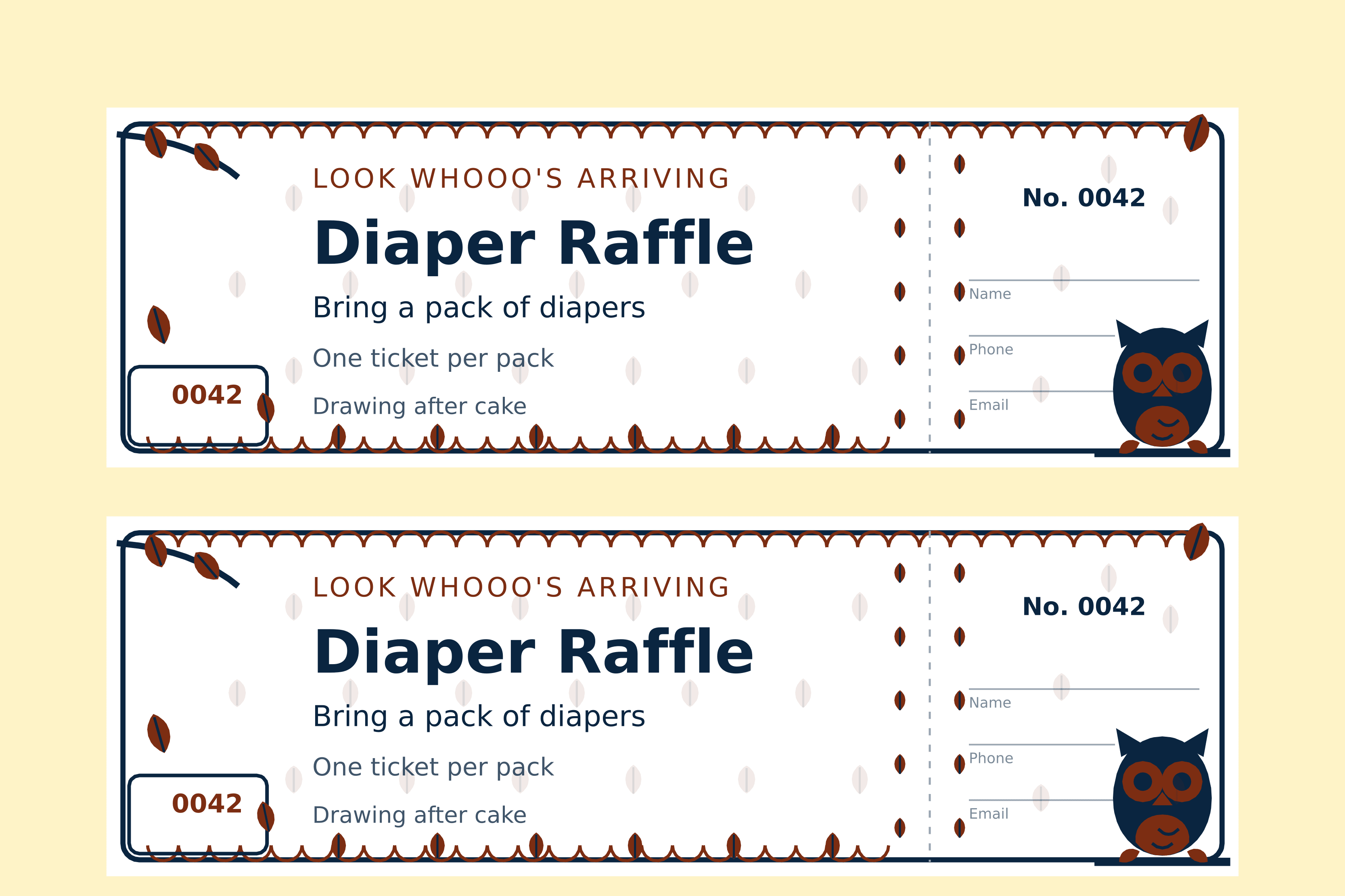 Two owl diaper raffle tickets on a sheet, a perched owl at the stub foot with a leaf-and-branch border and feathers down the divider, numbered 0042 in brown on navy