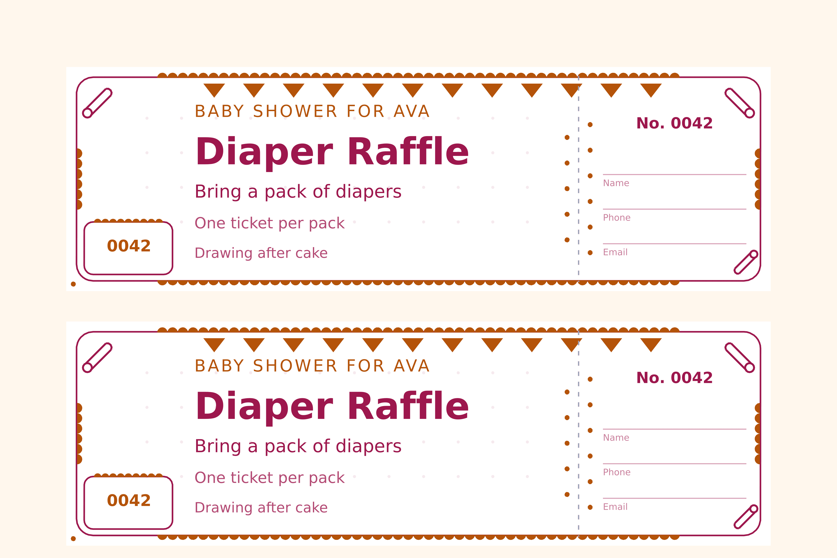 Two pink and gold diaper raffle tickets on a sheet, rose text with gold scalloped frame and safety-pin corners, numbered 0042 with a stub