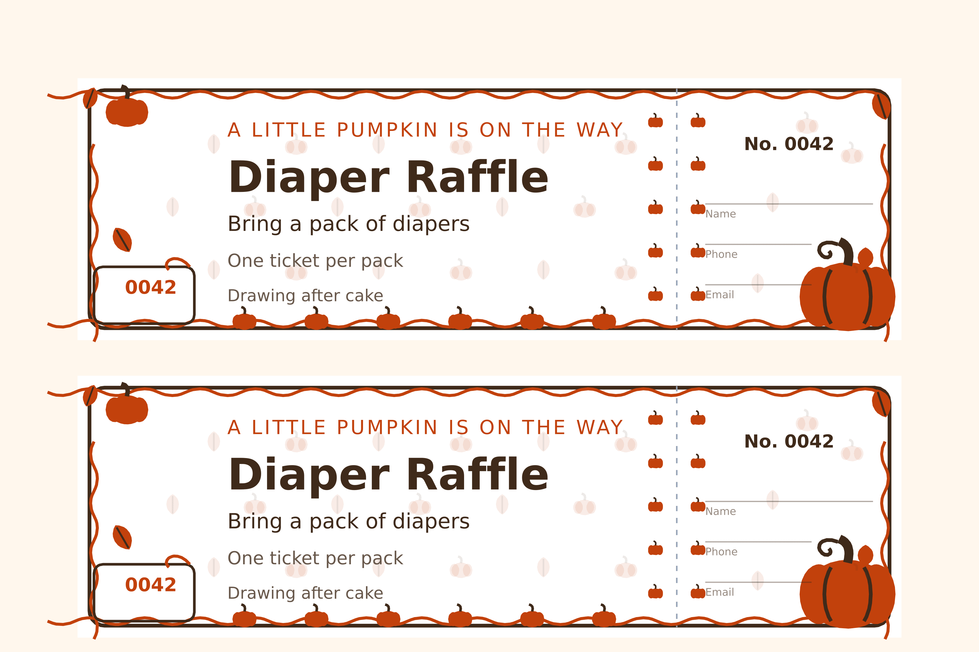 Two pumpkin diaper raffle tickets on a sheet, a pumpkin at the stub foot with a vine border and small pumpkins along the bottom edge, numbered 0042 in orange on brown