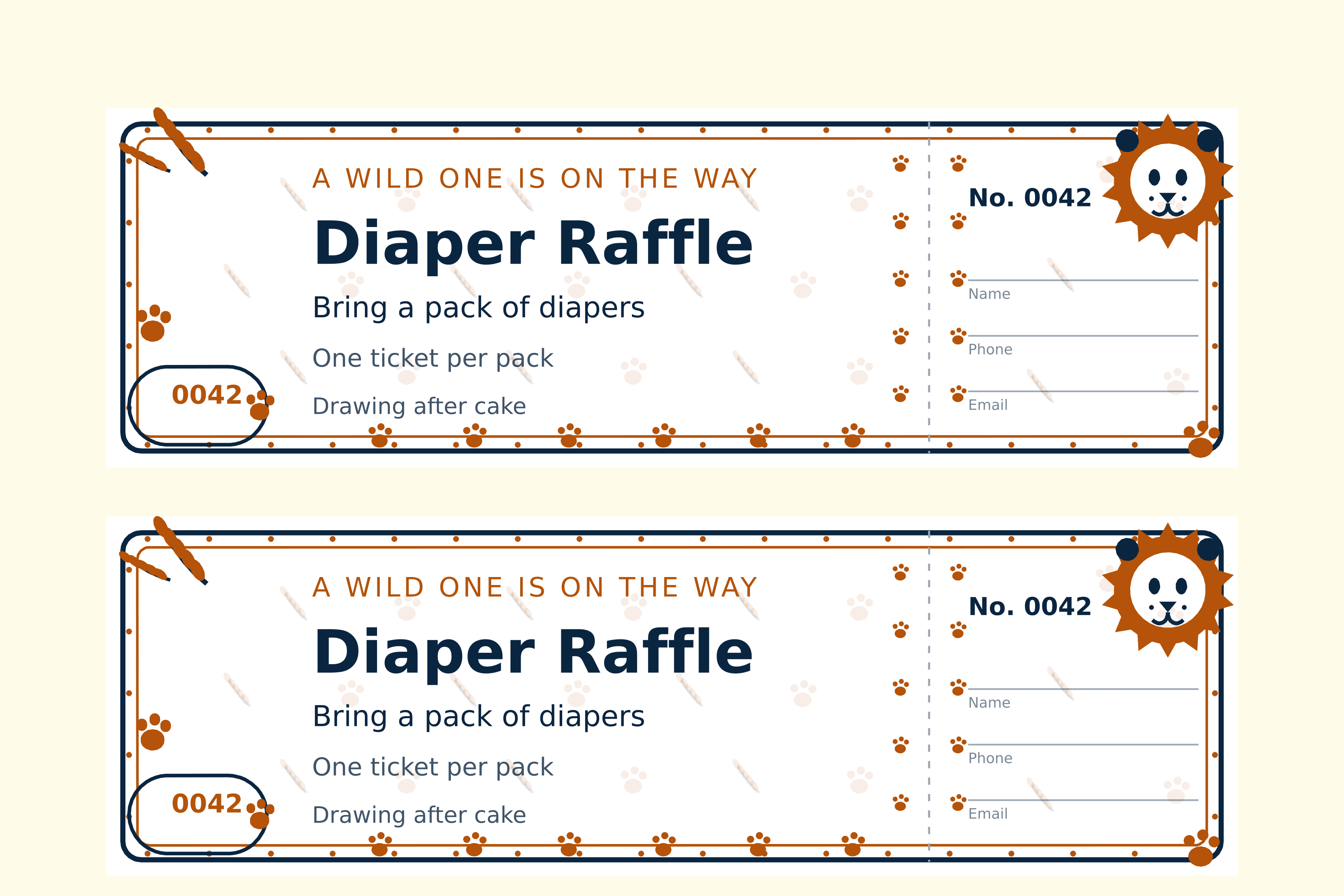 Two safari diaper raffle tickets on a sheet, a lion face in the stub corner with paw prints down the divider and along the border, numbered 0042 in gold on navy