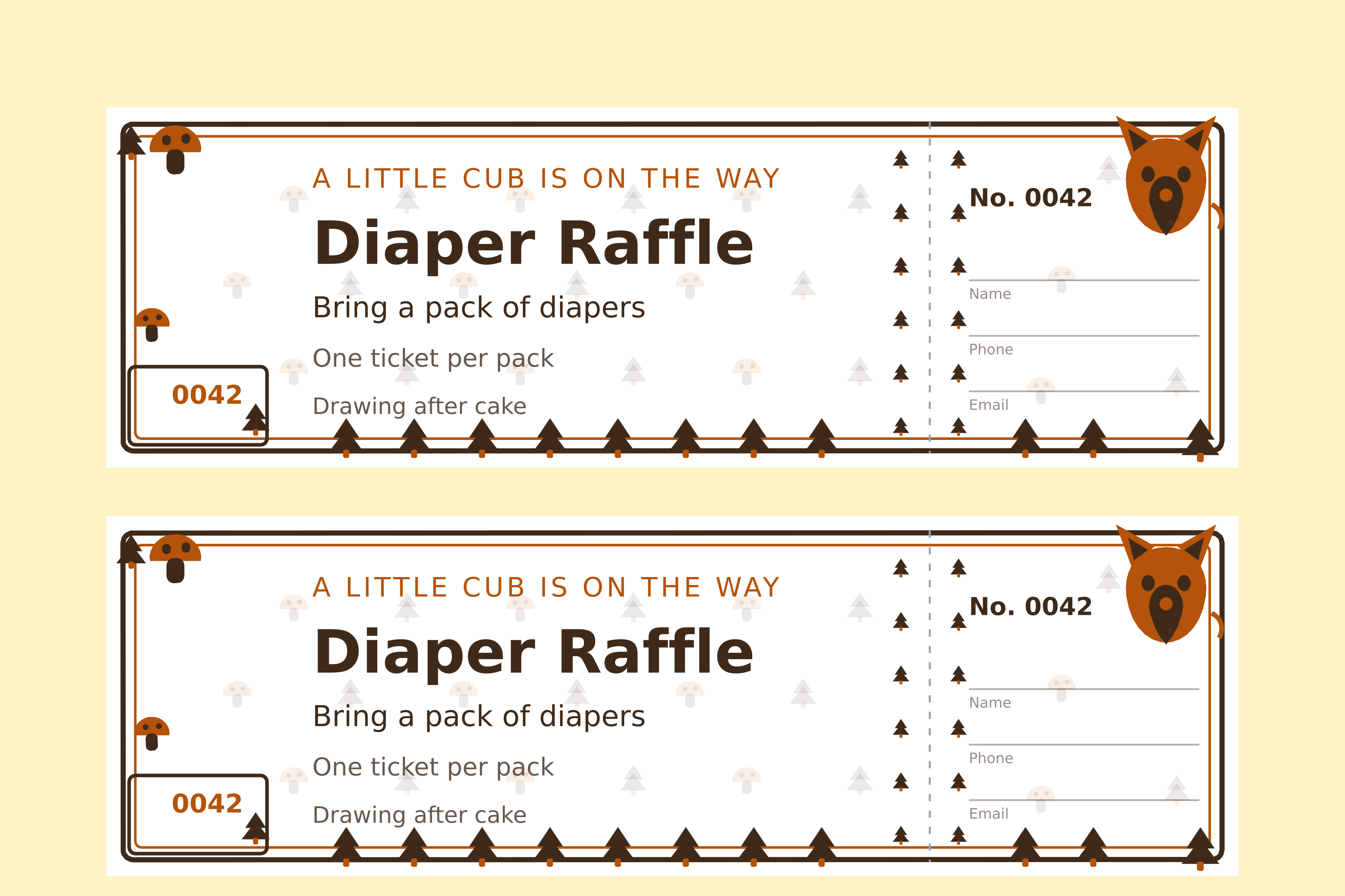 Two woodland diaper raffle tickets on a sheet, a fox face on the stub corner with pine trees along the bottom edge and toadstools in the corners, numbered 0042