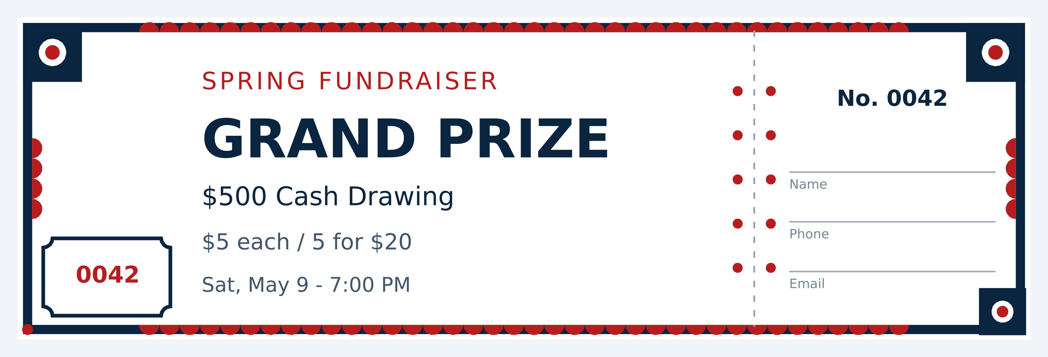 Carnival raffle ticket, scalloped edging inside a heavy band with marquee-light dots in the corners