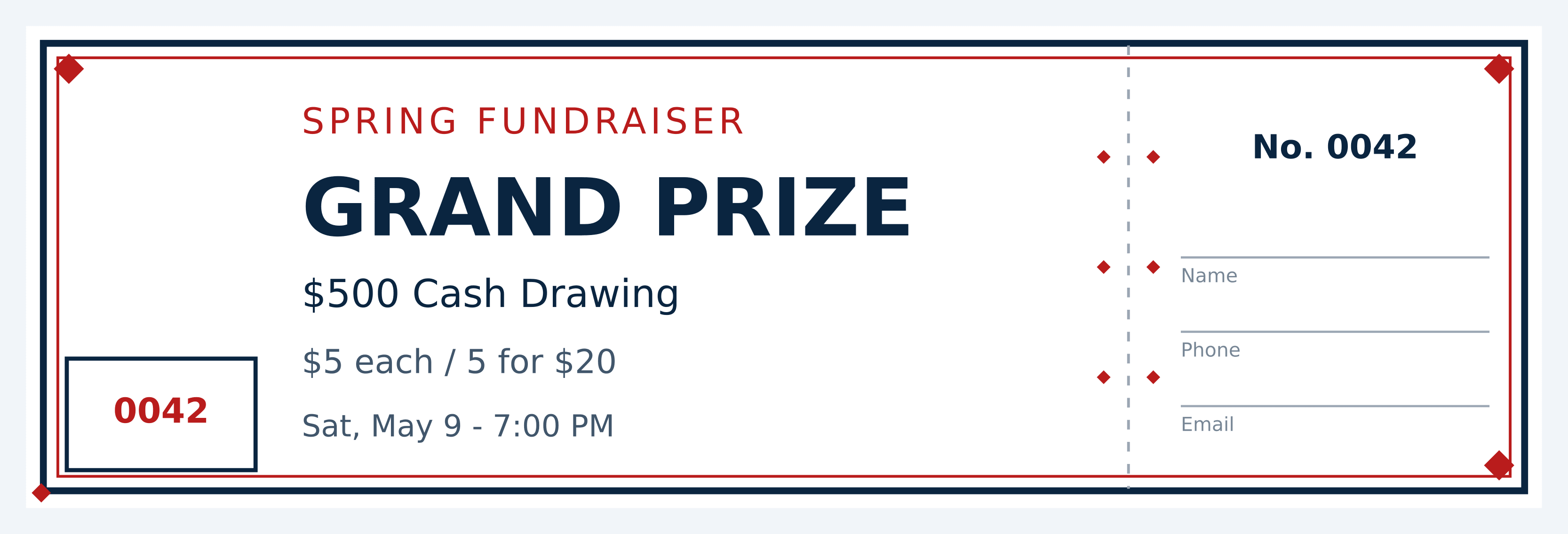 Classic raffle ticket, twin-rule navy border with red diamond corners, numbered 0042 with a tear-off stub