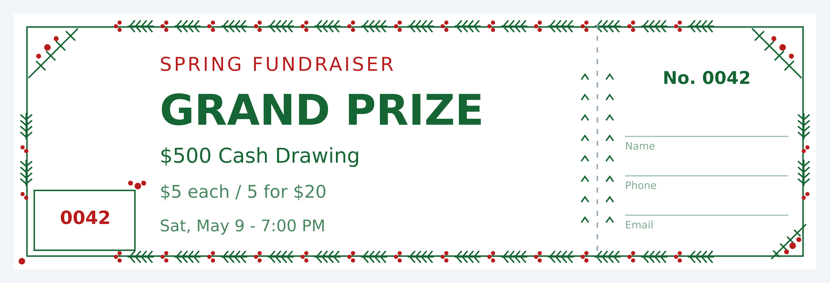Holiday raffle ticket, pine sprig line-art border with red berry clusters in green ink