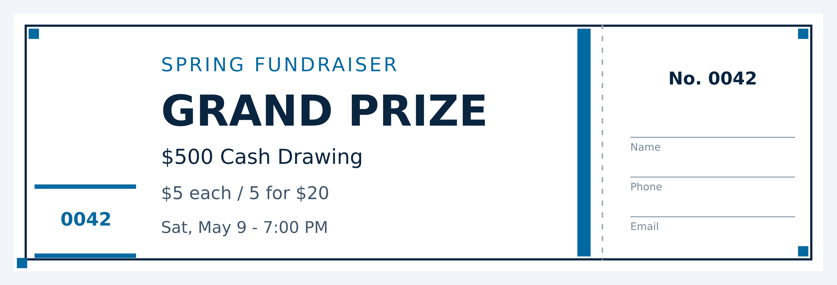 Modern raffle ticket, single thin rule with square corner blocks and a solid blue bar along the tear line