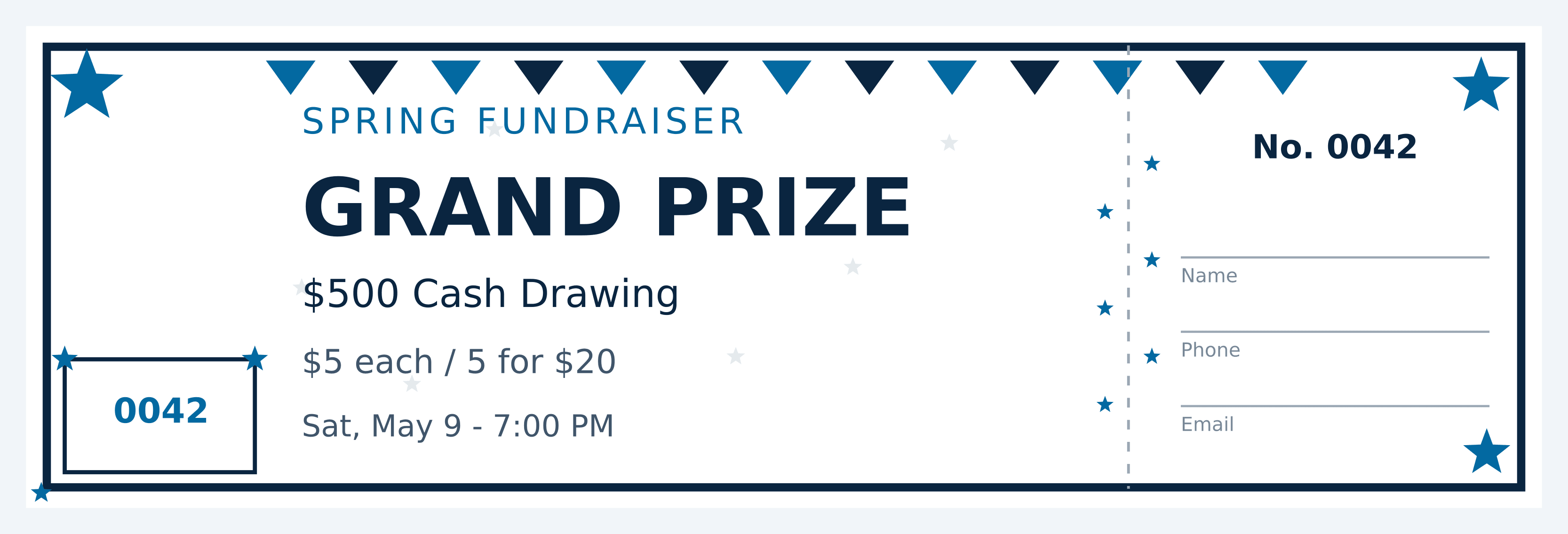 School Fun raffle ticket, pennant bunting along the top edge with blue stars in the corners and beside the stub