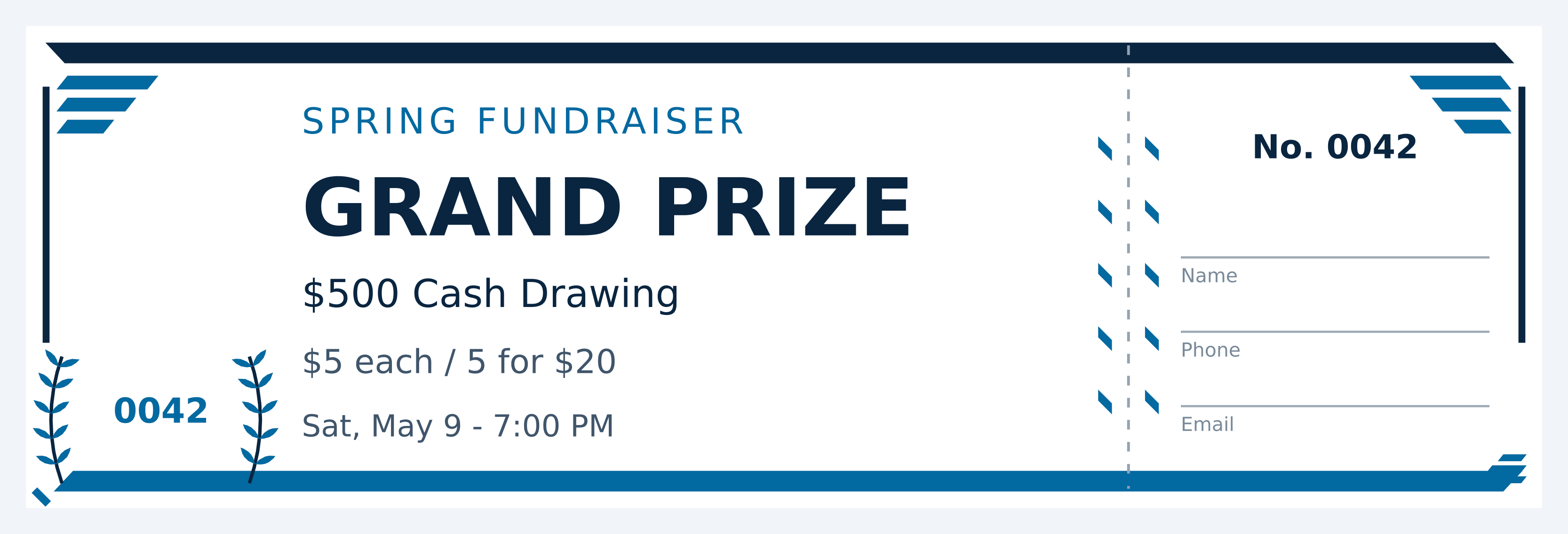 Sports raffle ticket, diagonal speed-line corners and a laurel wreath framing the ticket number