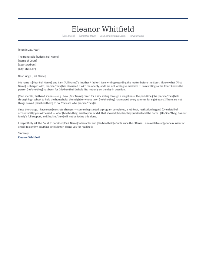 Parent's character reference letter to a judge — a lifetime of firsthand knowledge, the charge acknowledged, the changes since