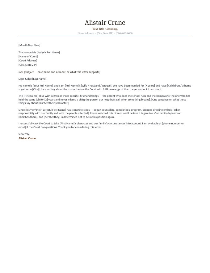 Spouse's character reference letter to a judge — marriage and family circumstances, the changes since the arrest, the family's dependence