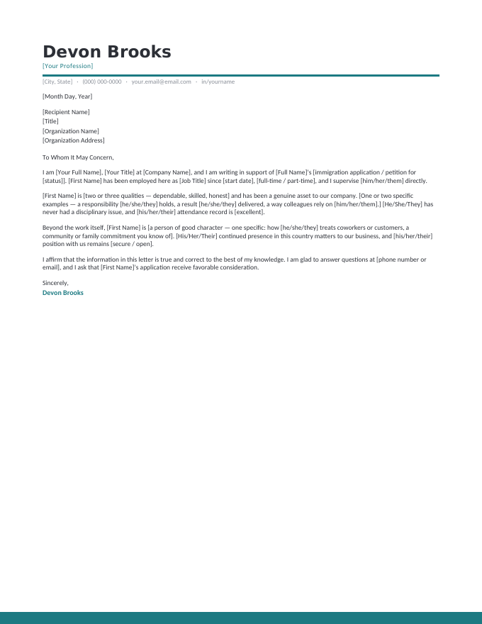 Employer immigration reference letter template — an employer confirming job, dates, reliability, and character with a truth affirmation