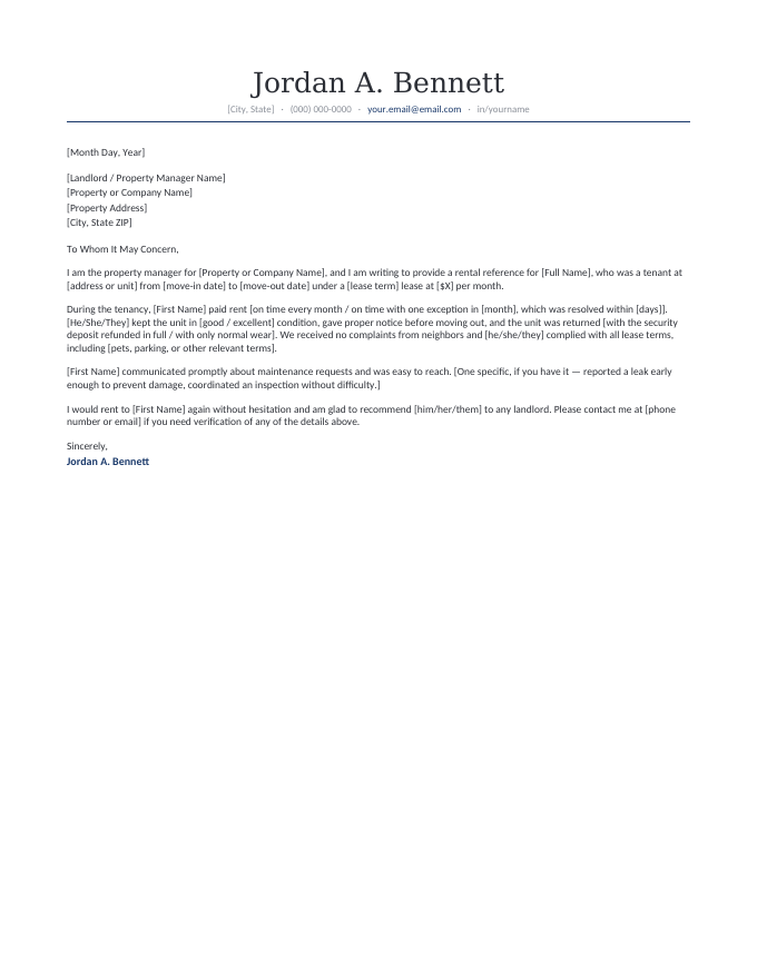 Property manager reference letter for a former tenant — lease terms, on-time payment, maintenance communication, lease compliance